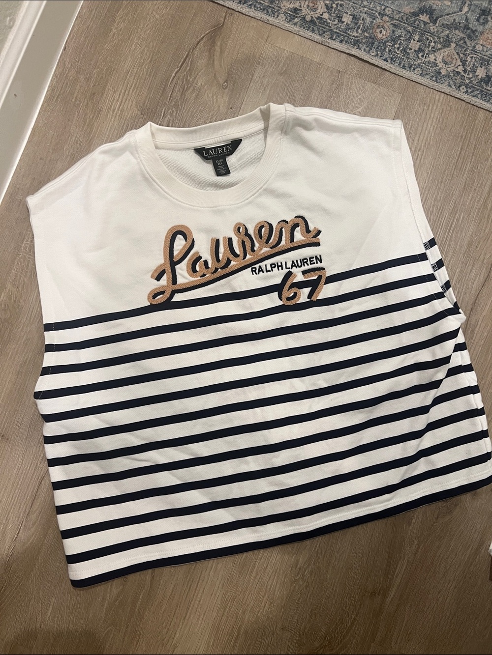 Ralph Lauren White and Navy Striped Sleeveless Logo Tee